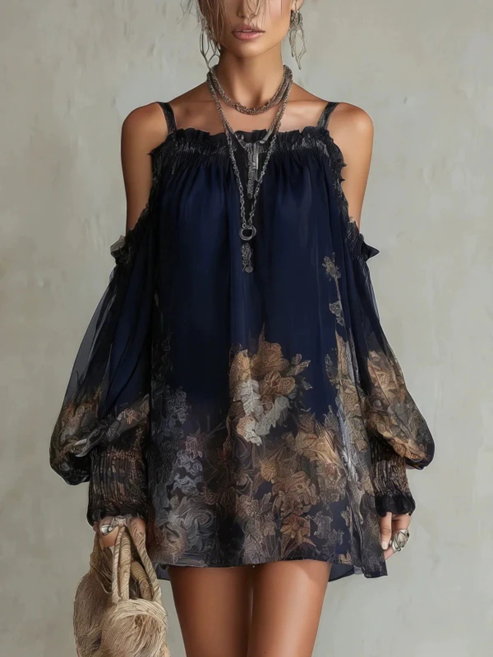Women Printed Strap Mini Dress Summer Loose Vacation Chiffon